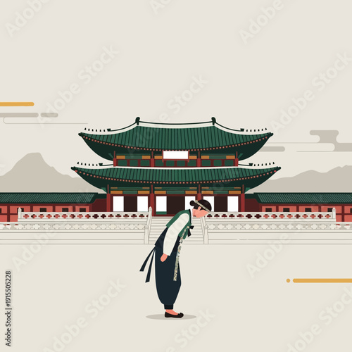 Traditional Korean Bow Greeting In Front Of Ancient Palace Landmark