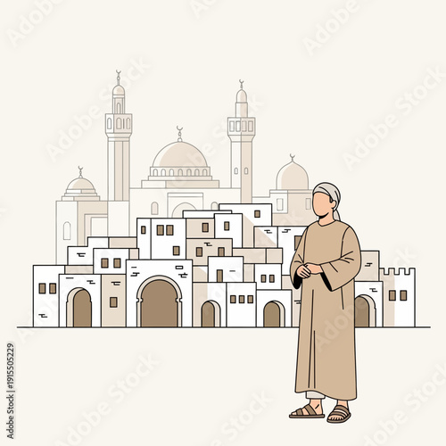 Traditional Islamic Cityscape With A Man In Traditional Attire Standing