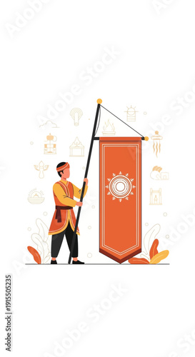 Traditional Man Holding Large Banner Symbolizing Heritage and Celebration
