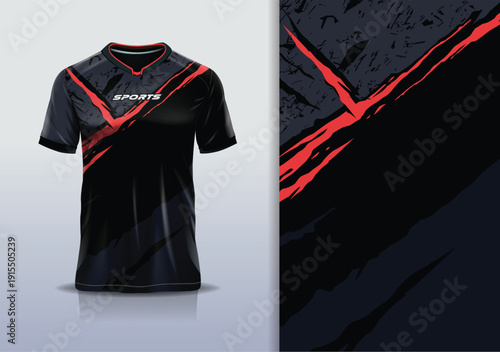 T-shirt mockup abstract texture grunge sport jersey design for football, soccer, racing, esports, running, red black gray color
