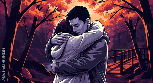 Graphic novel illustration of young couple embracing under autumn trees