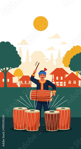 Traditional Musician Playing Drums During Cultural Festival Celebration Scene