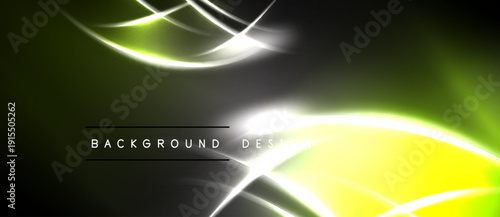 Abstract design features glowing lines, curves, gradients. Dark background contrasts bright yellow, green elements. Modern aesthetic.