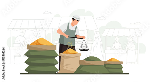 Traditional Market Scene Merchant Weighing Grains And Spices