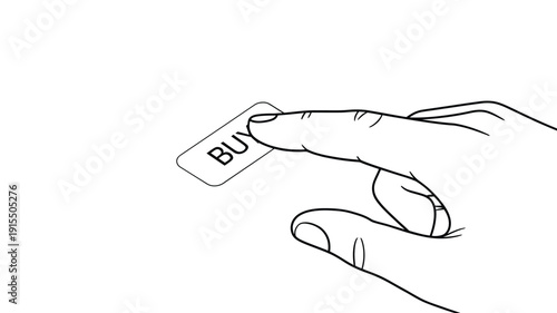 A hand presses a button labeled buy in a simple line drawing