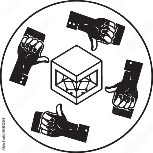 Four hands giving thumbs up and thumbs down around a cube geometric desi