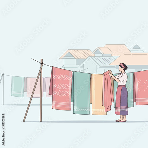 Traditional Laundry Day With Colorful Textiles And Village Homes