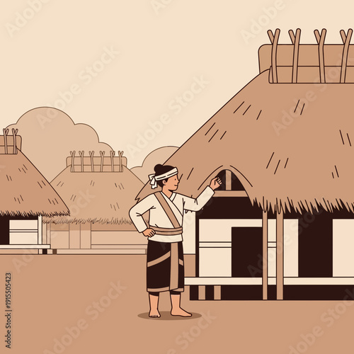 Traditional Village Dwelling And Cultural Attire Illustration
