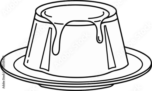 Black and white outline of a wobbly dessert with dripping sauce on a plate