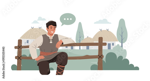 Traditional Village Dweller Resting By Wooden Fence In Rural Setting