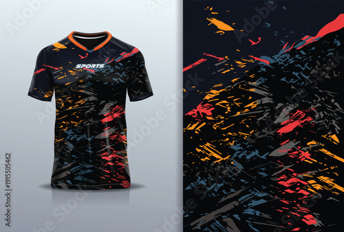 T-shirt mockup abstract texture grunge sport jersey design for football, soccer, racing, esports, running, red black orange color