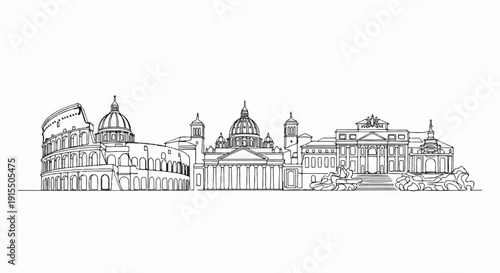 Black and white outline sketch of a cityscape featuring historical architecture