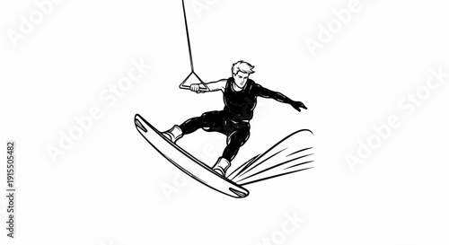 Black and white drawing of a person wakeboarding and mid-air