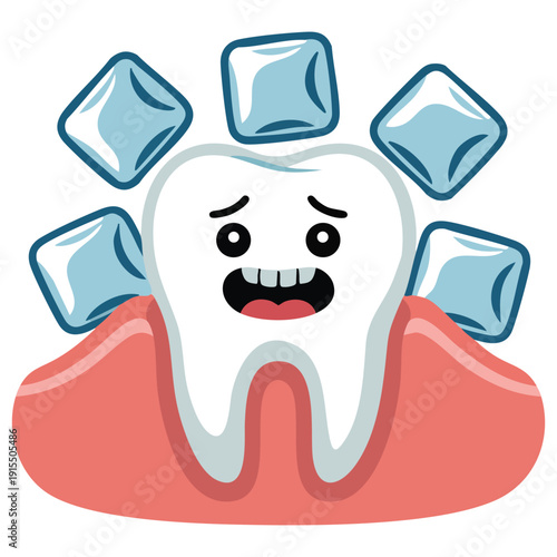 Cartoon Tooth with Discomfort from Cold Food and Drink in Flat Vector Style