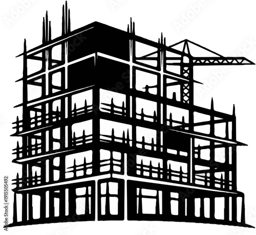Black and white silhouette of a building under construction with a crane
