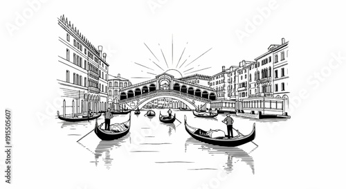 Black and white sketch of a canal in Venice with gondolas and a large bridge