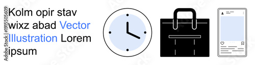Time management, productivity tools, business planning, digital communication, workplace essentials, organization. Clock, briefcase smartphone in flat style. Time management and productivity tools