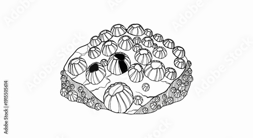 Black and white illustration of a cluster of barnacles on a rock surface