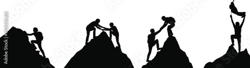 Silhouette set of climbers helping each other on mountain peaks, teamwork and leadership concept, hiking adventure, trust and support, success achievement, outdoor challenge illustration.