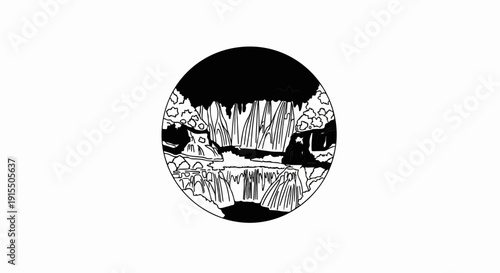 Black and white sketch of a cascading waterfall surrounded by lush foliage within a circle