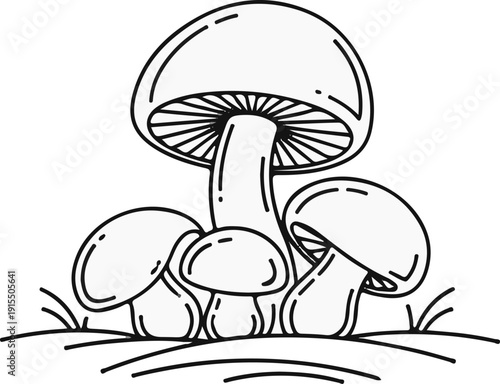 Black and white illustration of a cluster of mushrooms in varying sizes