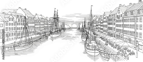 Black and white sketch of a canal lined with buildings and boats