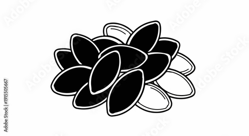 Black and white illustration of a cluster of oval-shaped seeds or petals
