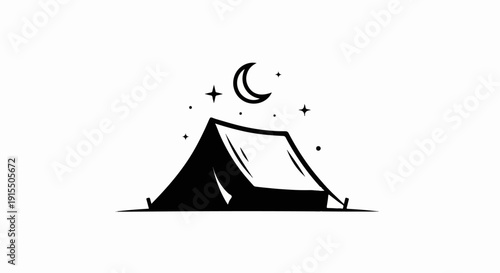 Black and white drawing of a tent under the night sky with moon and stars
