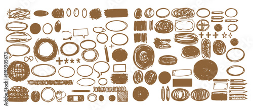 A collection of various brown shapes and symbols on a white background