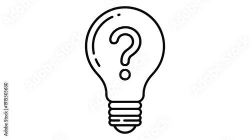 A black and white line drawing of a lightbulb containing a question mark