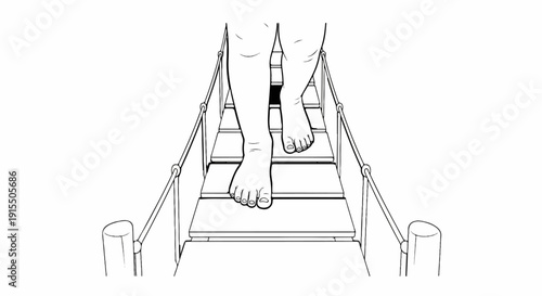 Bare feet stepping on a wooden plank walkway across a gap