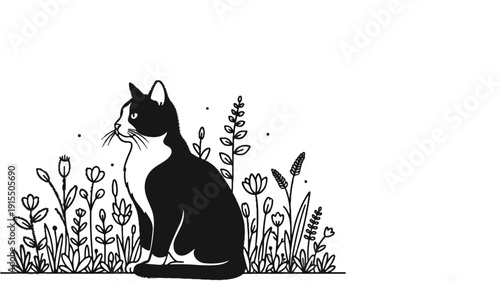 Black and white sketch of a domestic cat sitting amidst a field of wildflowers
