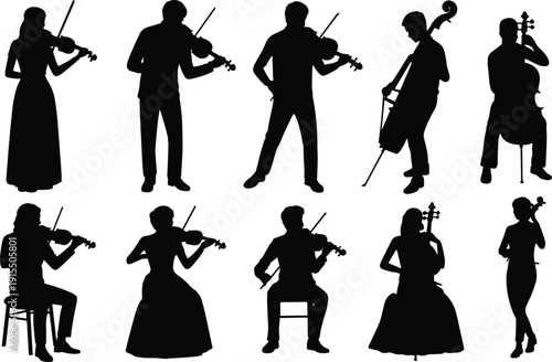 Silhouette set of classical musicians playing violin, cello and double bass. Orchestra performer collection in black isolated on white background for music design.