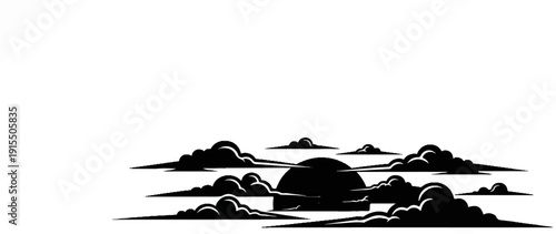 Black and white illustration of a crescent moon behind stylized clouds at dusk