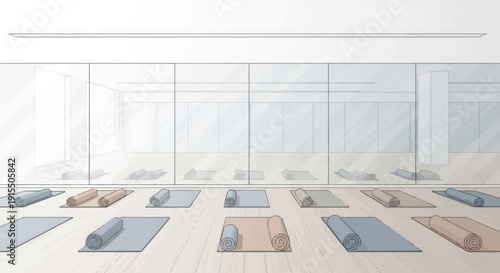 Bright and empty yoga studio with colorful rolled mats arranged on a wooden floor before a class.