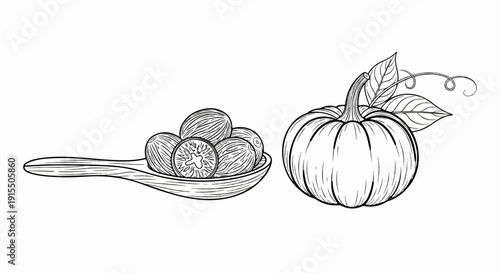 Black and white illustration of a wooden spoon with nutmeg and a pumpkin