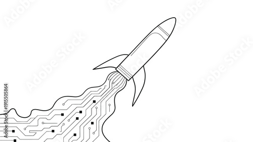 A simple line drawing depicts a rocket launching with digital circuitry