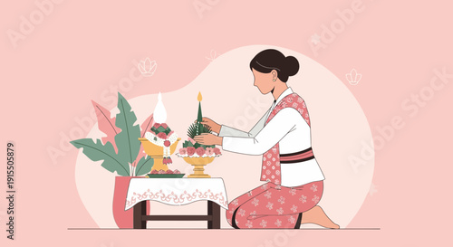 Traditional Woman Arranging Floral Offering For Ceremony Or Celebration