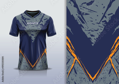 T-shirt mockup abstract texture grunge sport jersey design for football, soccer, racing, esports, running, blue gray orange color