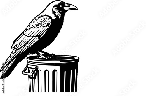 Black and white illustration of a crow perched on top of a trash can