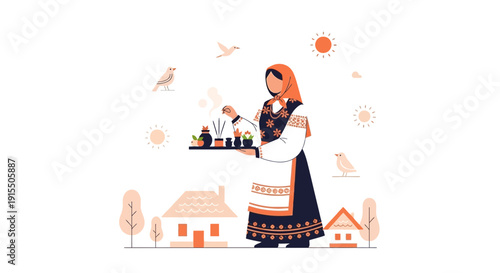 Traditional Woman Holding Herbal Remedies Rural Village Scene With Birds And Sun