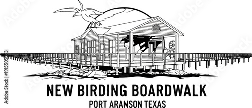 Black and white illustration of a wooden boardwalk with a house and a bird