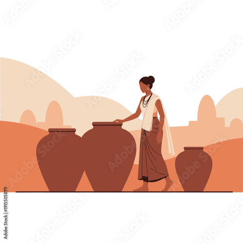 Traditional Woman With Large Clay Pots In Rural Indian Landscape
