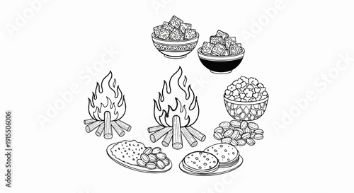 An illustration of campfires surrounded by bowls of snacks and plates of food