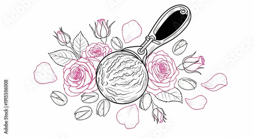 An ice cream scoop rests among blooming roses and scattered petals