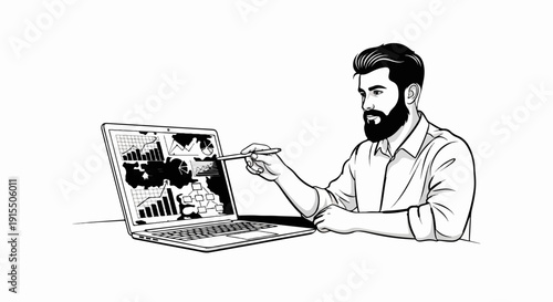 Bearded man in shirt points to charts on laptop screen