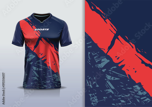 T-shirt mockup abstract texture grunge sport jersey design for football, soccer, racing, esports, running, red blue color