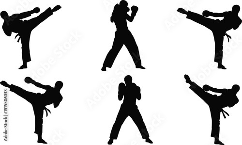 Martial arts fighter silhouettes set with kickboxing athletes performing high kicks and fighting stances isolated on white background vector