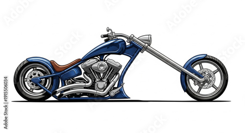 Custom blue chopper motorcycle illustration.