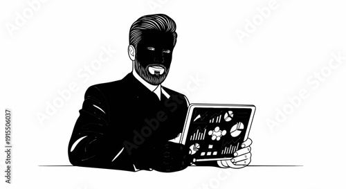 Bearded man in suit reviewing data charts on a tablet screen